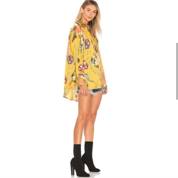 Free People Silky Nights Yellow Floral Bird Button Down Women's Size Medium M - Picture 2 of 3
